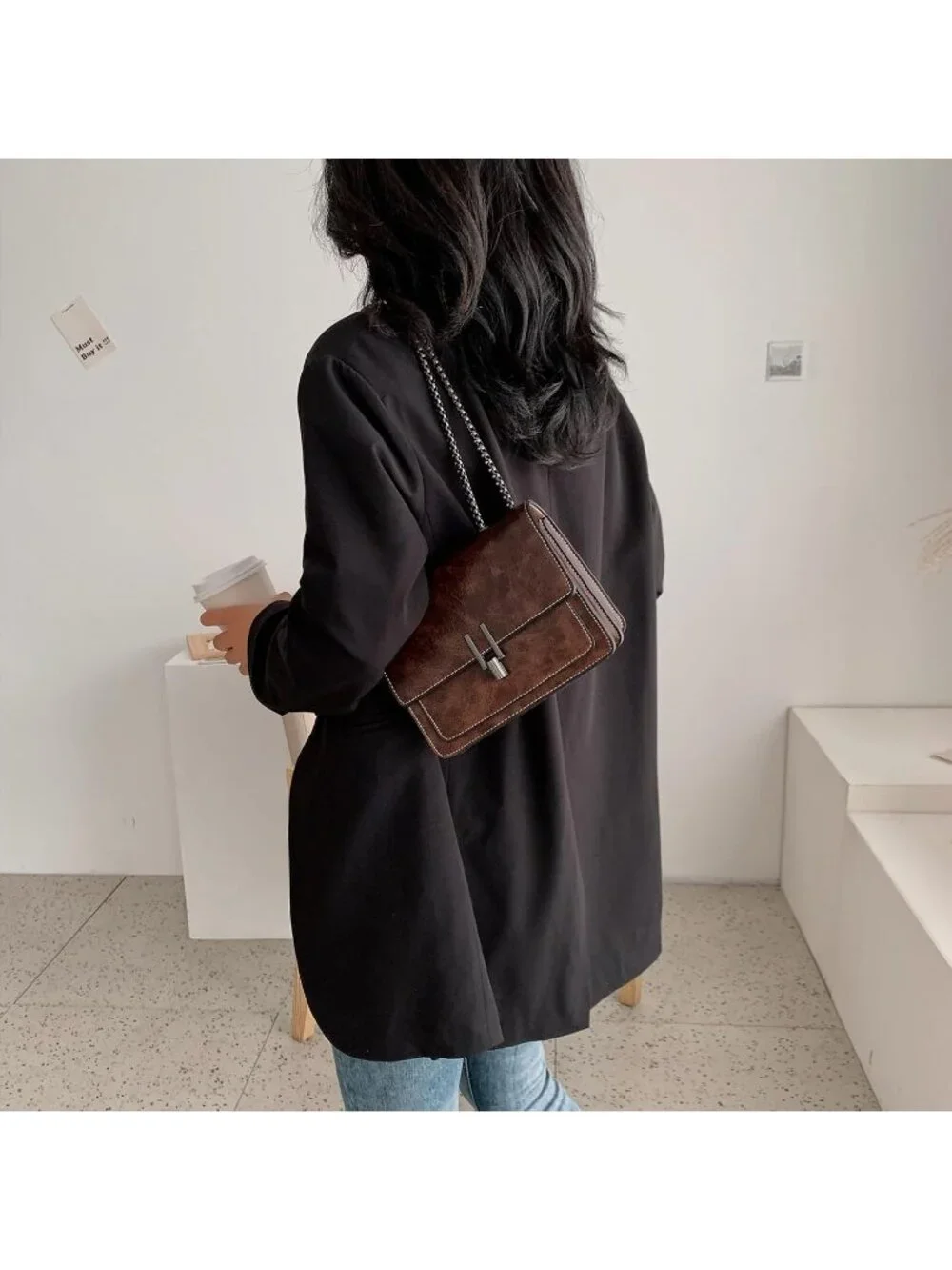 Women's Coffee Quilted Small Pu Leather Shoulder Purse Chain Crossbody Bag